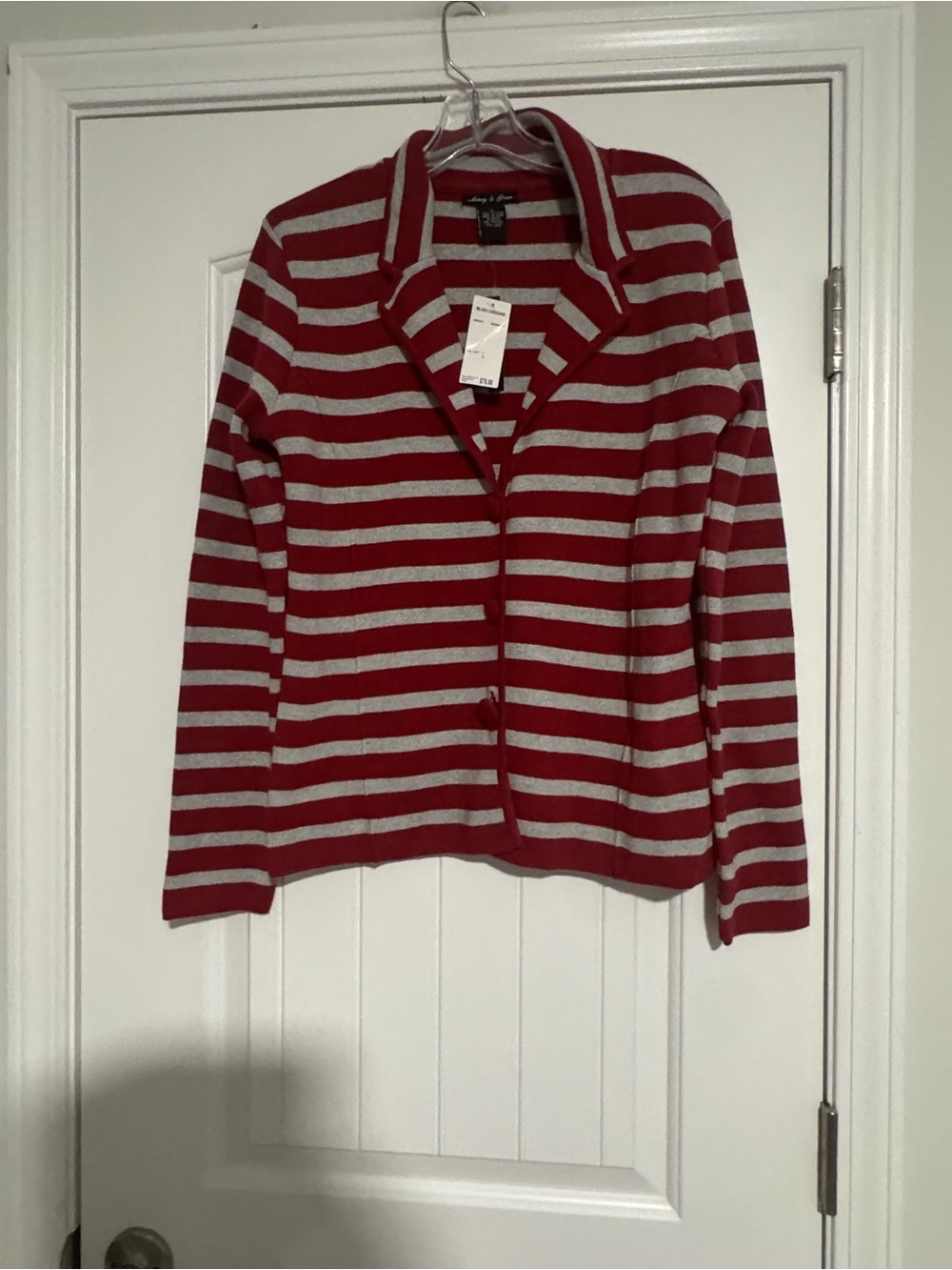 Audrey & Grace Red and Gray Striped Knit Cardigan